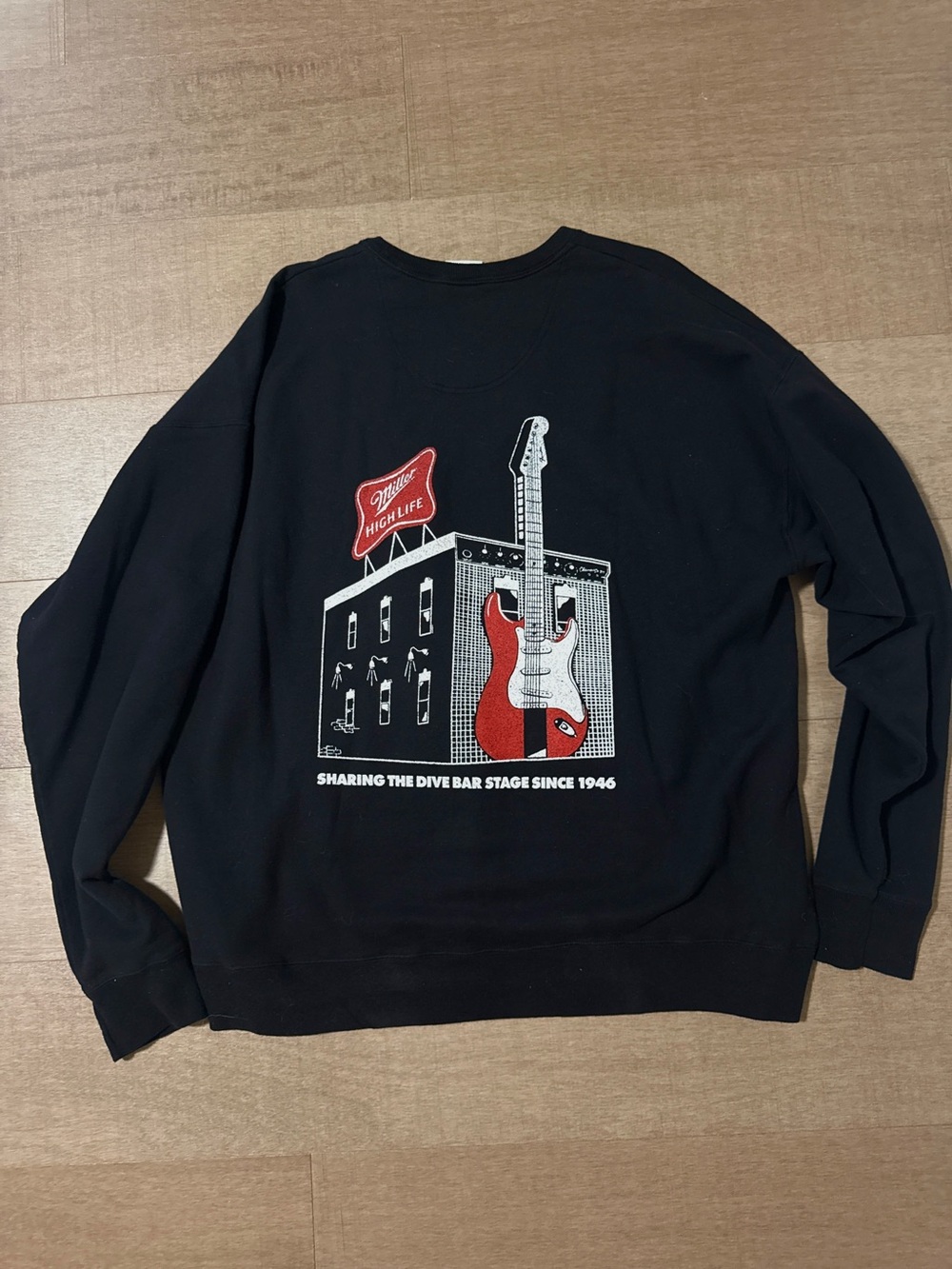 Fender Miller High Life Dive Bar Black Crewneck Sweatshirt Size 2XL